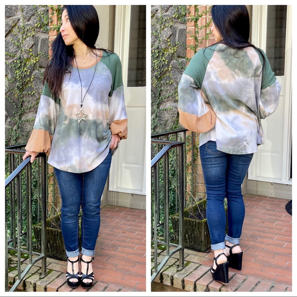 Boho Chic Tie Dye Print Contrast sleeve tunic top - Picture 6 of 6